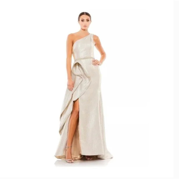 Mac Duggal One Shoulder Metallic Ruffled Evening Gown Dress 6 NEW